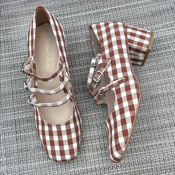 For Love And Lemons Ladies Brown White Gingham 3 straps Block Heels-6-FALL 🍁🍂 - Picture 12 of 13